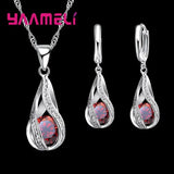 Hot Water Drop CZ 925 Sterling Silver Plated Jewelry Set For Women Pendant Necklace Hoop Earrings Wedding Party