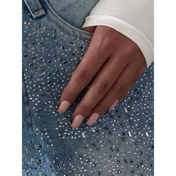 Irregular Rhinestone Slim Fit Denim Jeans – Vintage High Fashion Statement - None