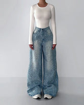 Irregular Rhinestone Slim Fit Denim Jeans – Vintage High Fashion Statement - Blue / L - None