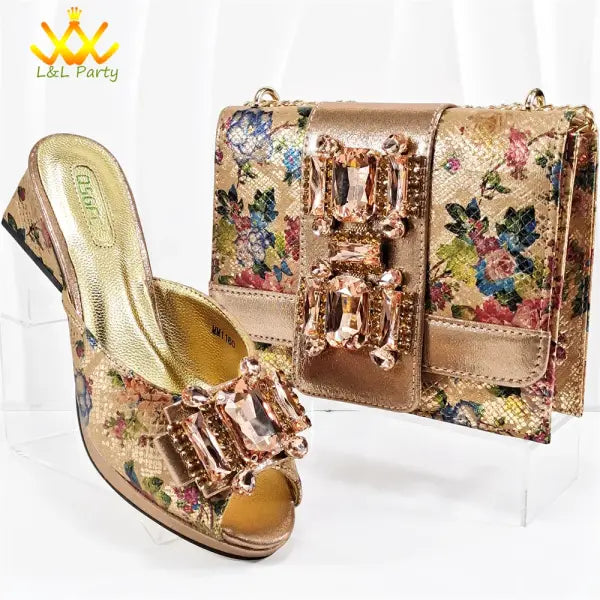 Italian New Arrivals Shoes and Bag Set in Green Color High Quality Specials Design Slipper with Crystal for Wedding
