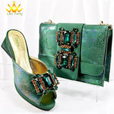 Italian New Arrivals Shoes and Bag Set in Green Color High Quality Specials Design Slipper with Crystal for Wedding