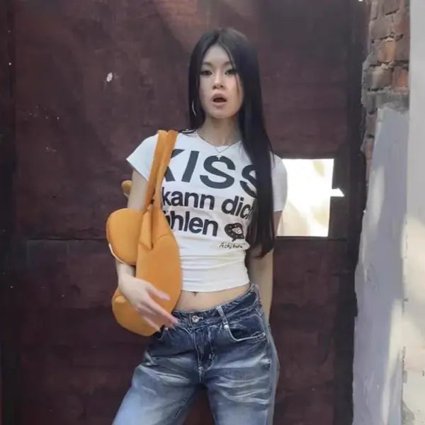 Karrram Japanese Y2k Letter Print T-shirt Trashy 2000s Style Crop Top Vintage Harajuku Short Sleeve Tee Shirt American