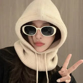 Knitted Hooded Winter Balaclava Hat for Women – Korean Style Outdoor Warmer with Drawstring Neck Beanie - Beige