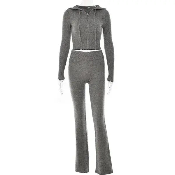 Knitted Hooded Suits with High Waist Long Sleeves and Trousers Set - Gray Suit / S