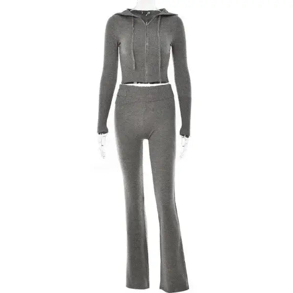 Grey knitted hooded suits set with high waist long sleeves trousers