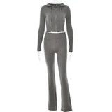 Grey knitted hooded suits set with high waist long sleeves trousers