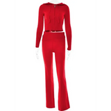 Knitted Hooded Suits with High Waist Long Sleeves and Trousers Set - Red Suit / S