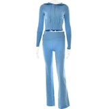 Light blue knitted hooded suit with high waist long sleeves trousers