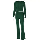 Dark green knitted hooded suit with high waist long sleeves trousers