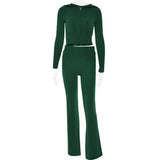 Knitted Hooded Suits with High Waist Long Sleeves and Trousers Set - Green Suit / S