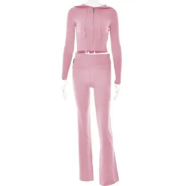 Knitted Hooded Suits with High Waist Long Sleeves and Trousers Set - Pink Suit / S