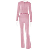 Pink knitted hooded suit with high waist long sleeves trousers