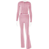 Knitted Hooded Suits with High Waist Long Sleeves and Trousers Set - Pink Suit / S