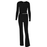 Knitted Hooded Suits with High Waist Long Sleeves and Trousers Set - Black Suit / S