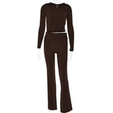 Knitted Hooded Suits with High Waist Long Sleeves and Trousers Set - Brown Suit / S