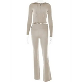 Knitted Hooded Suits with High Waist Long Sleeves and Trousers Set - Beige Suit / S