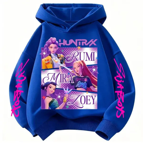 Huntrix Hoodie Kids Girls Pullover Cotton Kpop Demon Hunters Style - blue / 160