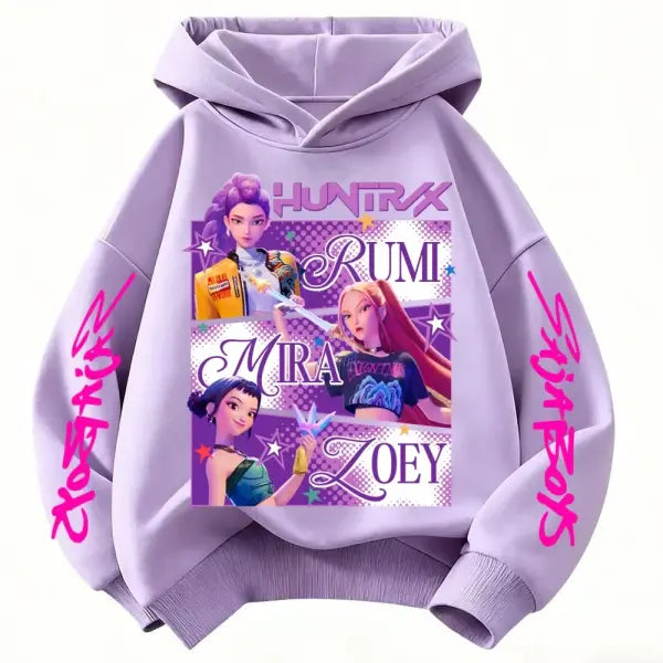 Huntrix Hoodie Kids Girls Pullover Cotton Kpop Demon Hunters Style - light purple / 140