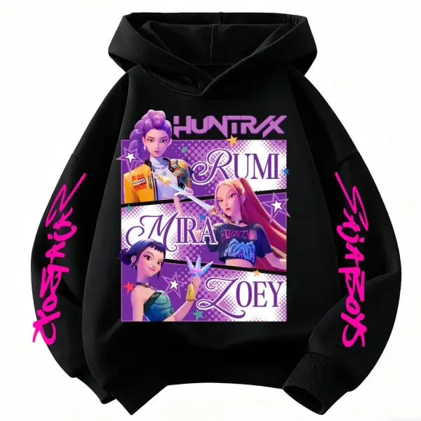 Huntrix Hoodie Kids Girls Pullover Cotton Kpop Demon Hunters Style - black / 150
