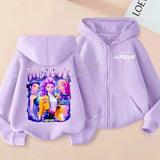 KPop Demon Hunters Zipper Hoodie Cartoon Girls Coat Fashion Thin Clothes Purple Autumn Hoodie Jacket Kids Anime