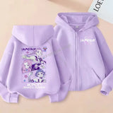 KPop Demon Hunters Zipper Hoodie Cartoon Girls Coat Fashion Thin Clothes Purple Autumn Hoodie Jacket Kids Anime