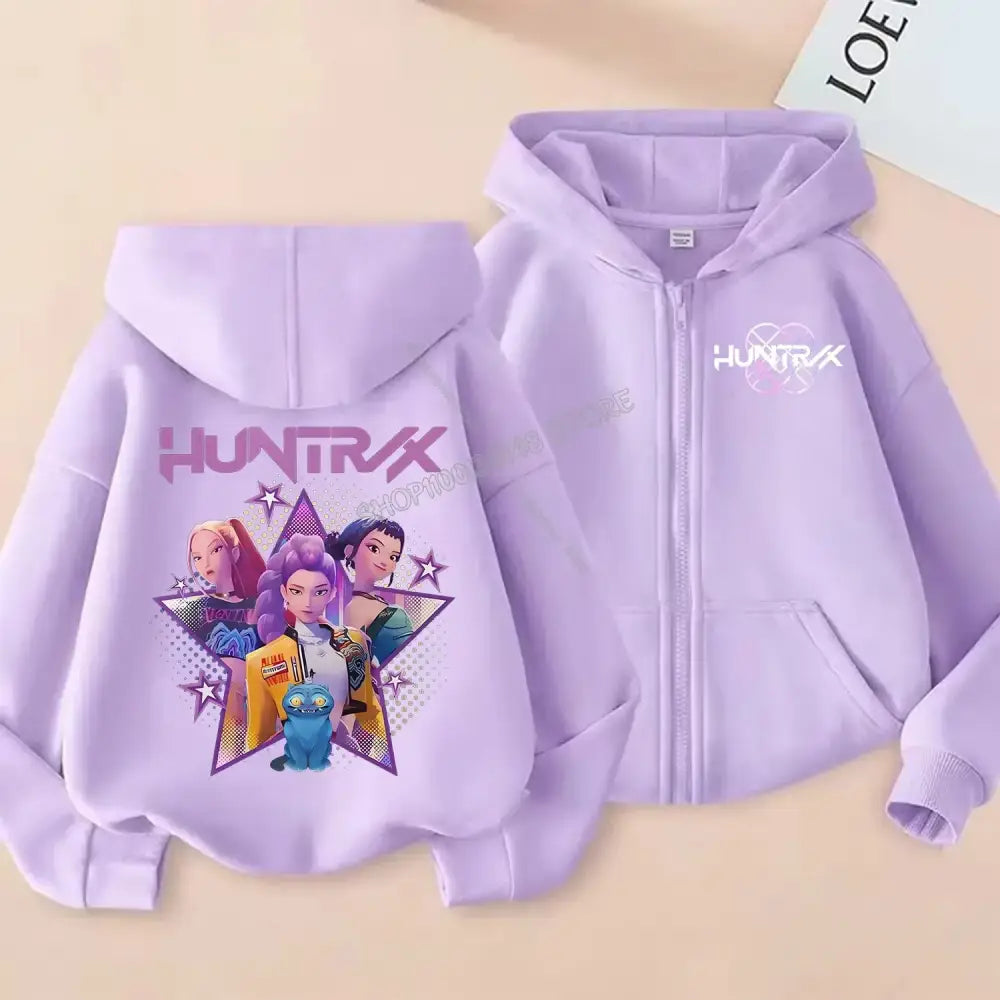 KPop Demon Hunters Zipper Hoodie Cartoon Girls Coat Fashion Thin Clothes Purple Autumn Hoodie Jacket Kids Anime
