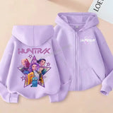 KPop Demon Hunters Zipper Hoodie Cartoon Girls Coat Fashion Thin Clothes Purple Autumn Hoodie Jacket Kids Anime