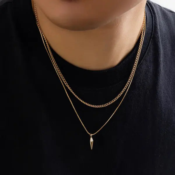 KunJoe 2pcs Set Vintage Geometric Metal Rivet Pendant Necklaces - gold color