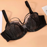 Lace Plus Size Bra Thin Mesh Embroidery Full Cup Gathering Top Support Slim Fit Underwear - Black / 95G