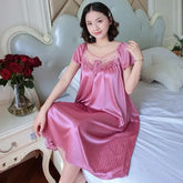 Ladies Ice Silk Nightgowns Sleeping Dress Medium Length Short Sleeve Nightdress Sexy Sleepwear Home Wear Loungewear