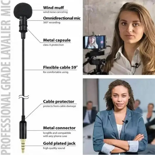 Professional lavalier microphone with labeled components for clip-on audio quality