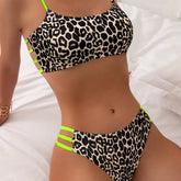 Leopard Print Contrast Color Push Up Tight Split Swimsuit - None