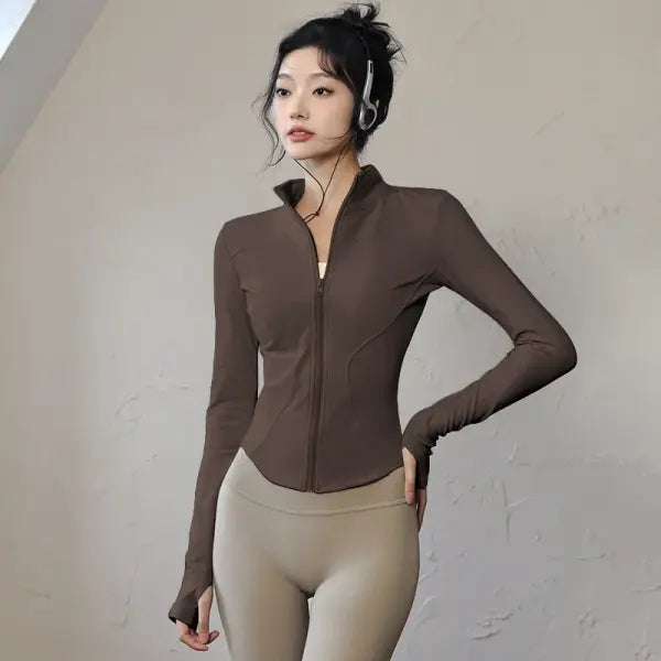 Long Sleeve Sports Jacket for Women Quick Dry Knit Running Outerwear - Coffee / XXL
