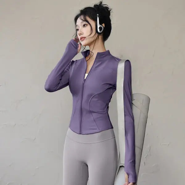 Long Sleeve Sports Jacket for Women Quick Dry Knit Running Outerwear - PURPLE / S