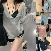 Y2K Button-Down Ribbed Henley - Long Sleeve V-Neck Crop Top & Sun Protection Layer for Women