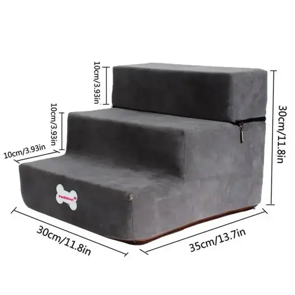 Loofi 3-step memory foam pet stairs in dark gray fabric with bone logo