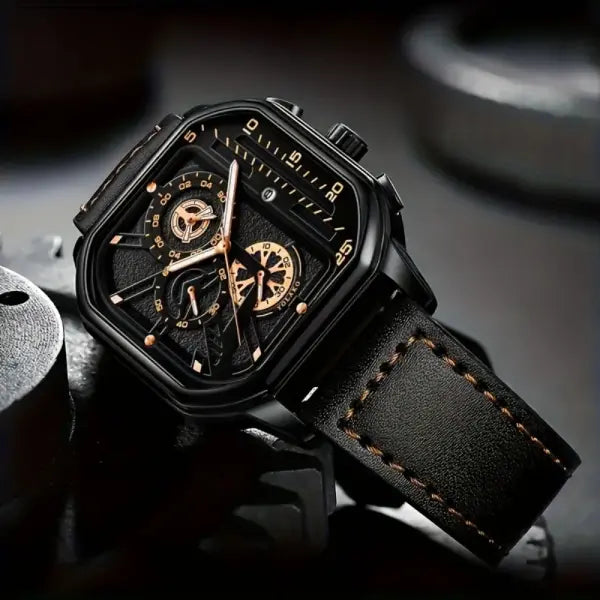 Luxury big dial men square watch with leather band type
