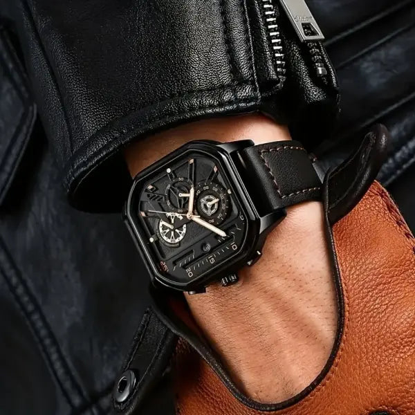 Luxury big dial men square watch with leather band type