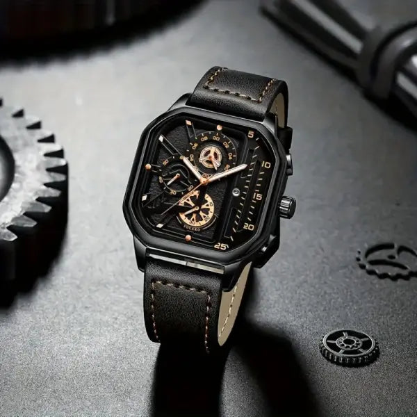 Luxury big dial men square watch with leather band type