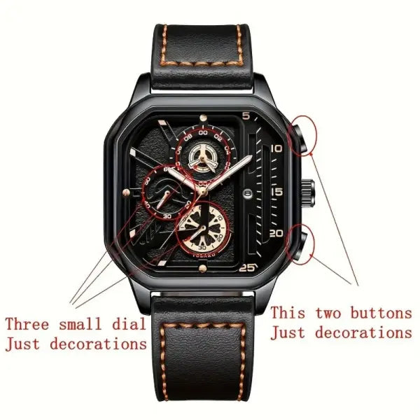 Luxury big dial men square watch with leather band type
