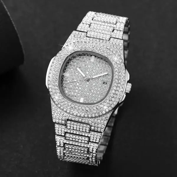 Luxury Diamond Men’s Stainless Steel Quartz Movement Watch - Silver