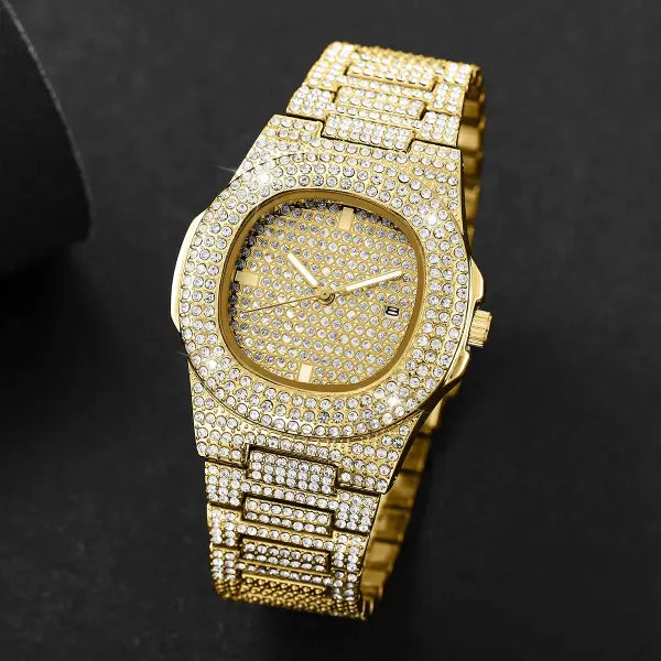 Luxury Diamond Men’s Stainless Steel Quartz Movement Watch - Gold