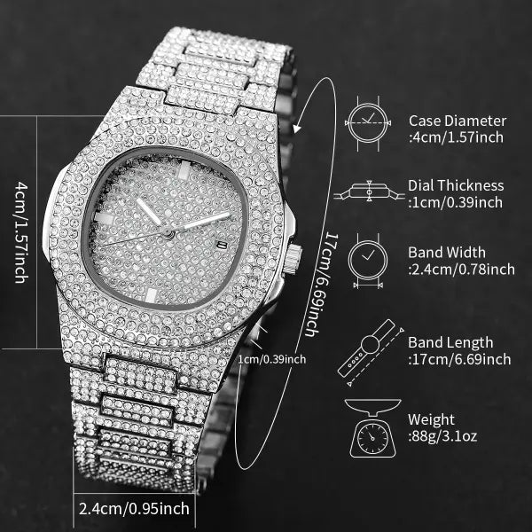 Luxury Diamond Men’s Stainless Steel Quartz Movement Watch
