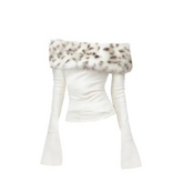Y2K Faux Fur Trim Graphic Tee - Off-Shoulder Long Sleeve Vintage 2000s Top for Women - Beige / XS