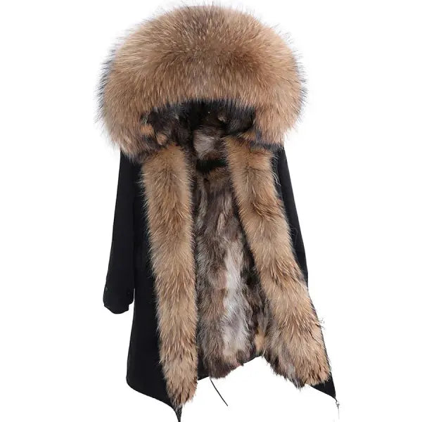 Maomaokong Winter Woman Natural Fur Overcoat with Fur Hood - Raccoon liningE6 / XL