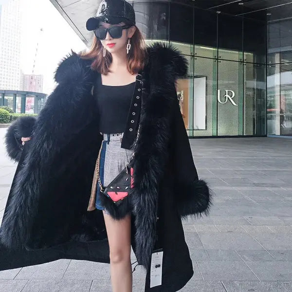 Maomaokong Winter Woman Natural Fur Overcoat with Fur Hood - Faux liningF23 / XS