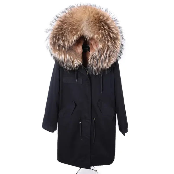Maomaokong Winter Woman Natural Fur Overcoat with Fur Hood - Faux liningC16 / M