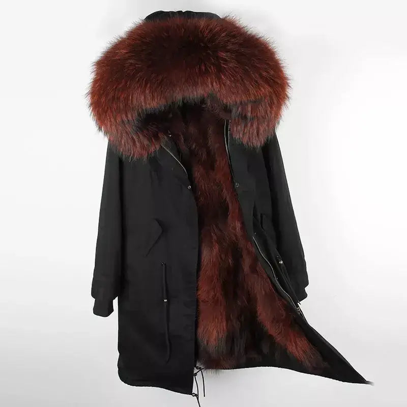 Maomaokong Winter Woman Natural Fur Overcoat Plus Size Black Parkas Raccoon Real Fur Lining Extra Larg Warm Jacket