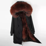 Maomaokong Winter Woman Natural Fur Overcoat Plus Size Black Parkas Raccoon Real Fur Lining Extra Larg Warm Jacket