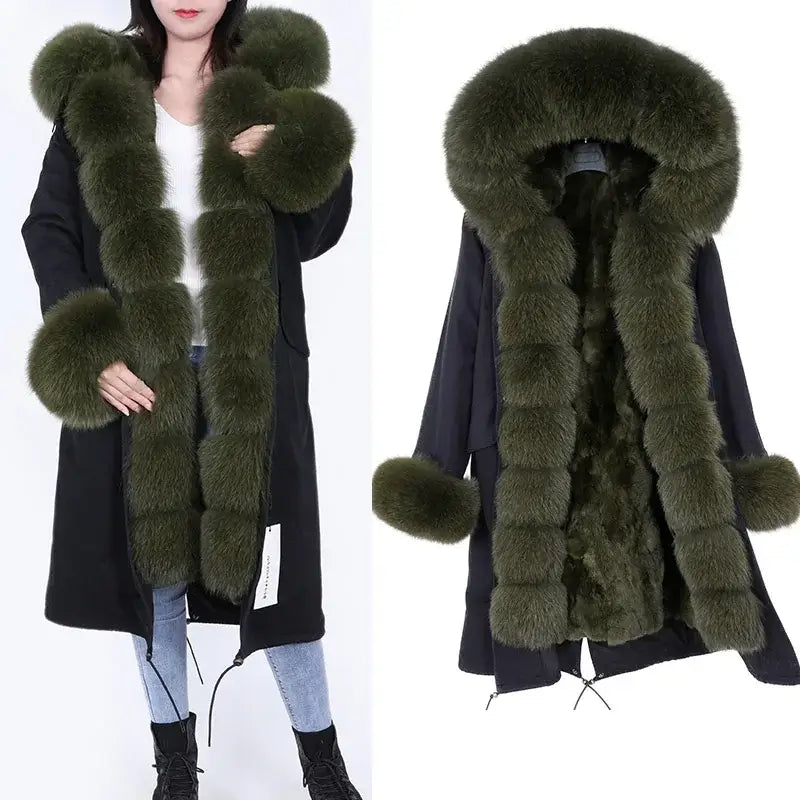Maomaokong Winter Woman Natural Fur Overcoat Plus Size Black Parkas Raccoon Real Fur Lining Extra Larg Warm Jacket